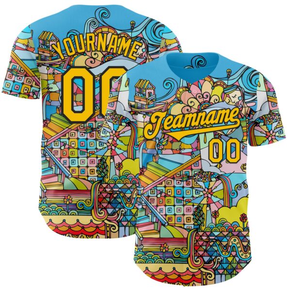 Custom Sky Blue Yellow-Black Ninhol Wonderland Authentic Baseball Jersey