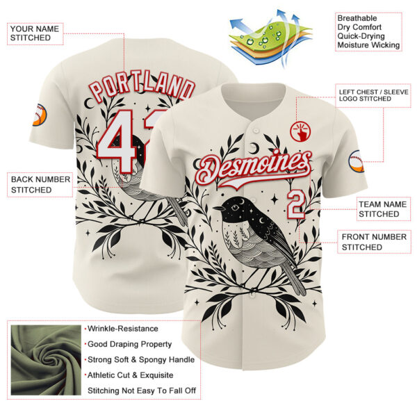 Custom Cream White-Red Episodic Drawing Moon Bird Authentic Baseball Jersey