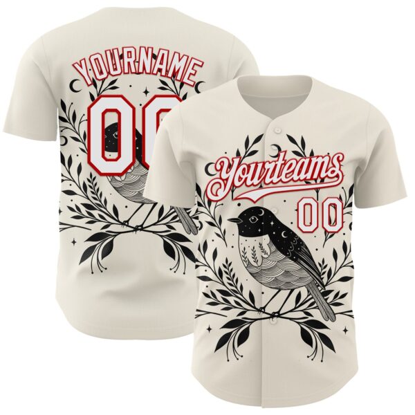 Custom Cream White-Red Episodic Drawing Moon Bird Authentic Baseball Jersey