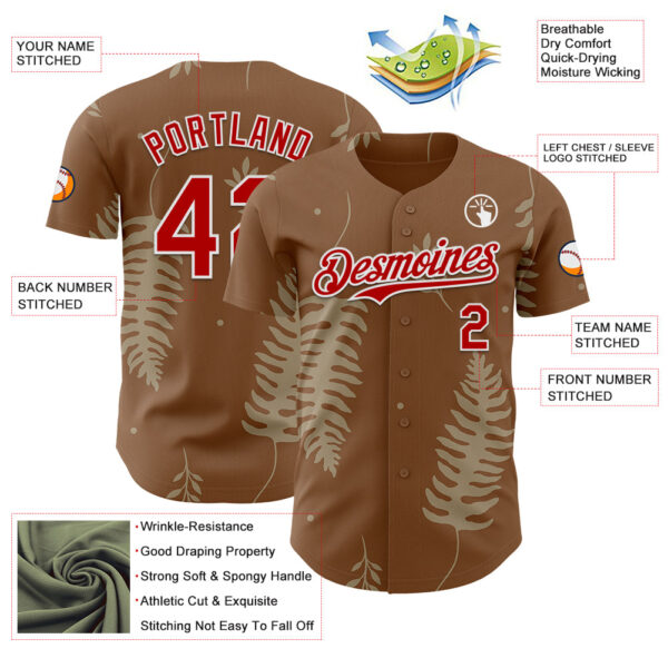 Custom Brown Red-White Episodic Drawing Autumn Ferns Authentic Baseball Jersey
