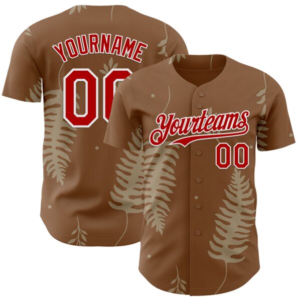 Custom Brown Red-White Episodic Drawing Autumn Ferns Authentic Baseball Jersey
