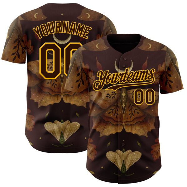 Custom Brown Gold Episodic Drawing Autumn Moth Authentic Baseball Jersey