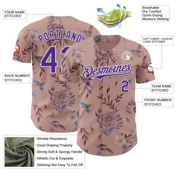 Custom Pink Purple-White Episodic Drawing Camellia Blooms Authentic Baseball Jersey
