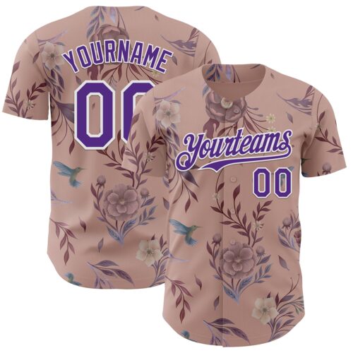Custom Pink Purple-White Episodic Drawing Camellia Blooms Authentic Baseball Jersey