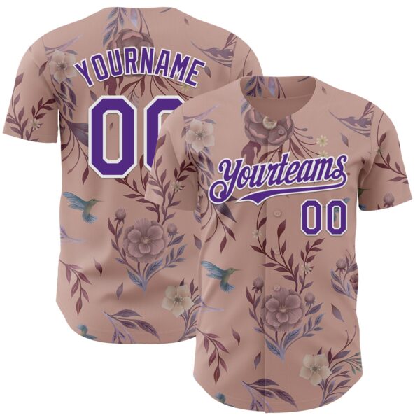 Custom Pink Purple-White Episodic Drawing Camellia Blooms Authentic Baseball Jersey