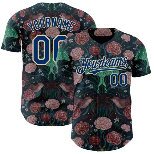 Custom Pink US Navy Blue-Cream Episodic Drawing Carnation Authentic Baseball Jersey