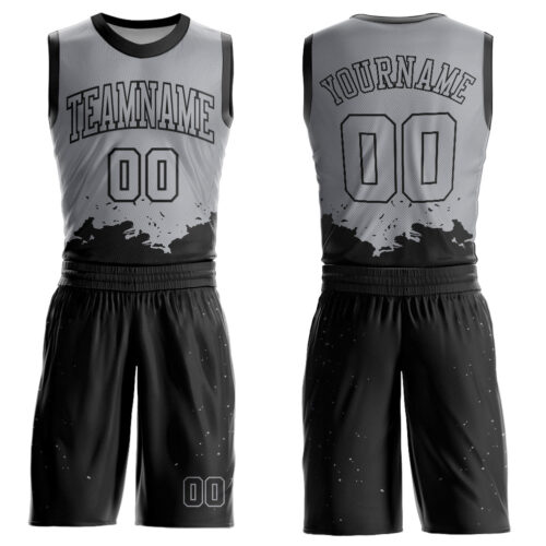 BSuit0175 Custom Gray Black Color Splash Round Neck Sublimation Basketball Suit Jersey