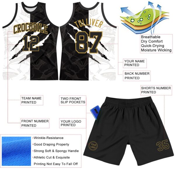 Custom Graffiti Pattern Black Old Gold-White Scratch Round Neck Sublimation Basketball Suit Jersey