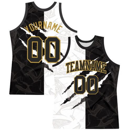 Custom Graffiti Pattern Black Old Gold-White Scratch Round Neck Sublimation Basketball Suit Jersey