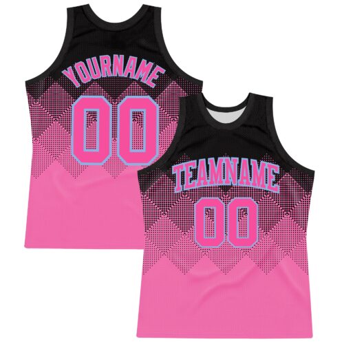 Custom Black Pink-Light Blue Gradient Square Shapes Round Neck Sublimation Basketball Suit Jersey
