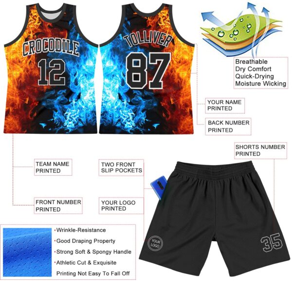 Custom Figure Black-White Flame Round Neck Sublimation Basketball Suit Jersey