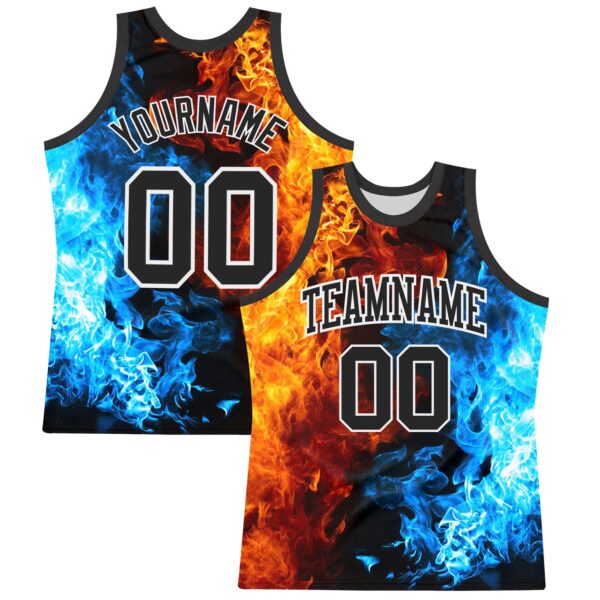 Custom Figure Black-White Flame Round Neck Sublimation Basketball Suit Jersey