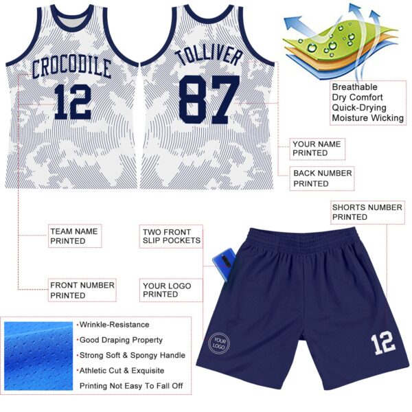 Custom White Navy Curve Lines Round Neck Sublimation Basketball Suit Jersey