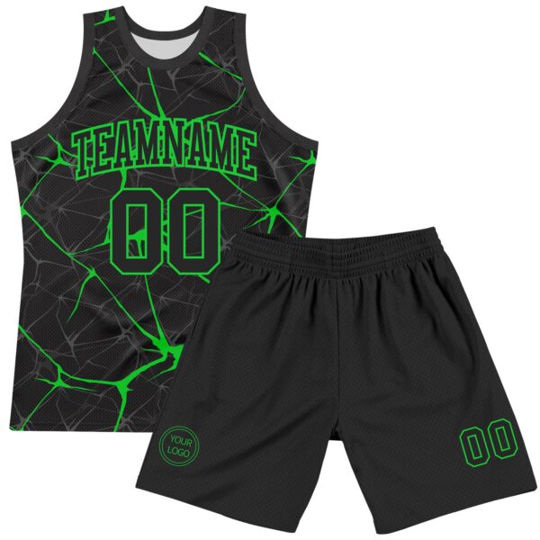Custom Black Neon Green Abstract Network Round Neck Sublimation Basketball Suit Jersey