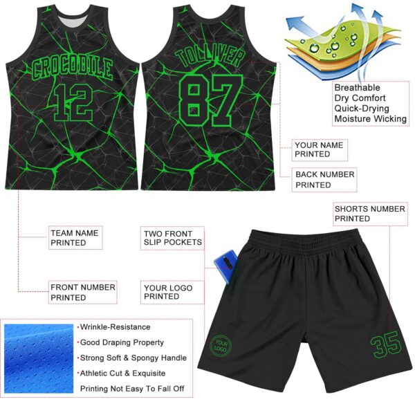 Custom Black Neon Green Abstract Network Round Neck Sublimation Basketball Suit Jersey