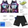Custom Graffiti Pattern White Light Blue-Black Splash Round Neck Sublimation Basketball Suit Jersey