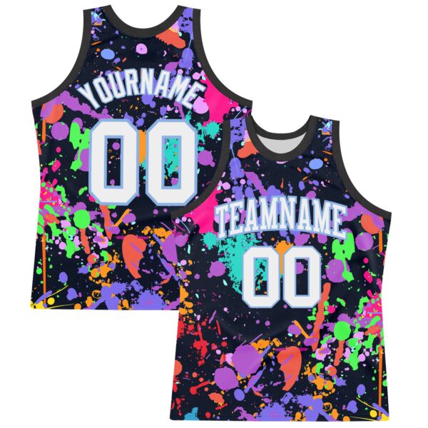 Custom Graffiti Pattern White Light Blue-Black Splash Round Neck Sublimation Basketball Suit Jersey