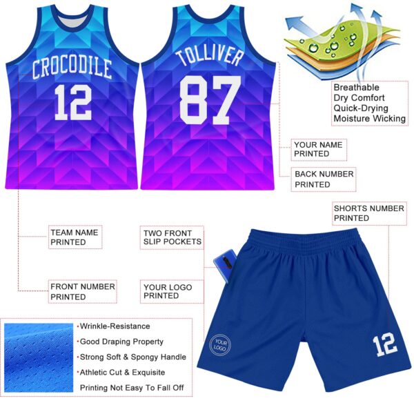 Custom Royal White-Hot Pink Gradient Geometric Shape Round Neck Sublimation Basketball Suit Jersey