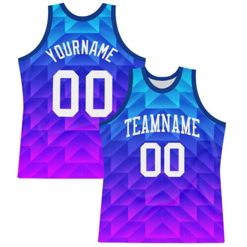 Custom Royal White-Hot Pink Gradient Geometric Shape Round Neck Sublimation Basketball Suit Jersey