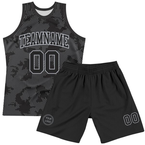 Custom Black Gray Curve Lines Round Neck Sublimation Basketball Suit Jersey