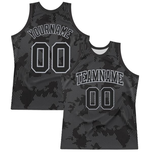 Custom Black Gray Curve Lines Round Neck Sublimation Basketball Suit Jersey