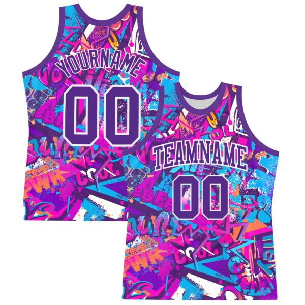 Custom Graffiti Pattern Purple-White Splash Round Neck Sublimation Basketball Suit Jersey
