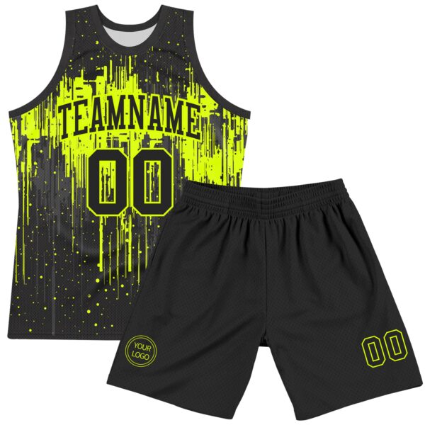 Custom Black Neon Green Dripping Splatter Art Round Neck Sublimation Basketball Suit Jersey