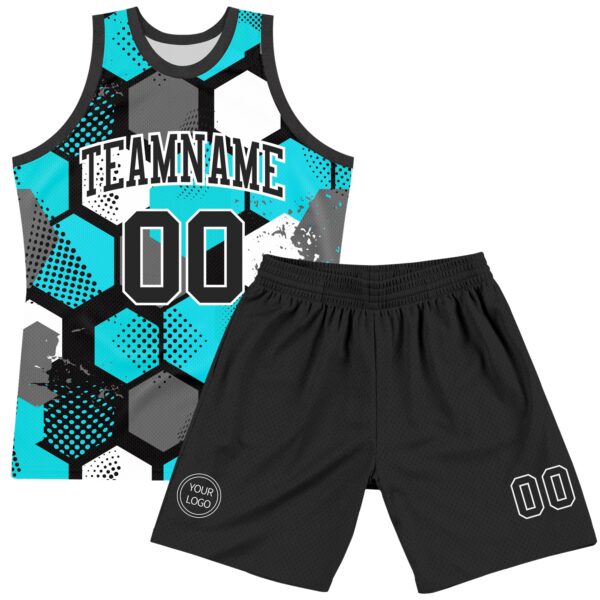 Custom Aqua Black-White Geometric Shape Round Neck Sublimation Basketball Suit Jersey