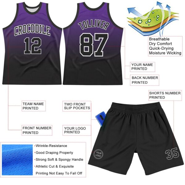Custom Purple Black-White Fade Fashion Round Neck Sublimation Basketball Suit Jersey