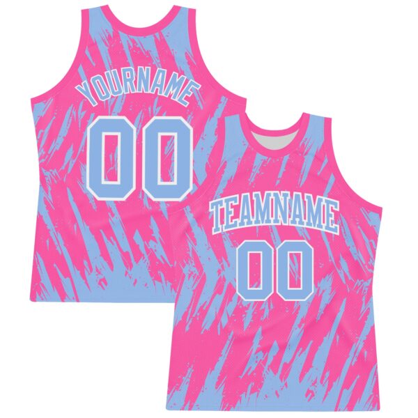 Custom Pink Light Blue-White Abstract Sharp Shape Fragment Art Round Neck Sublimation Basketball Suit Jersey