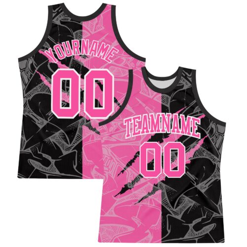 BSuit0279 Custom Graffiti Pattern Pink Black-White Scratch Round Neck Sublimation Basketball Suit Jersey