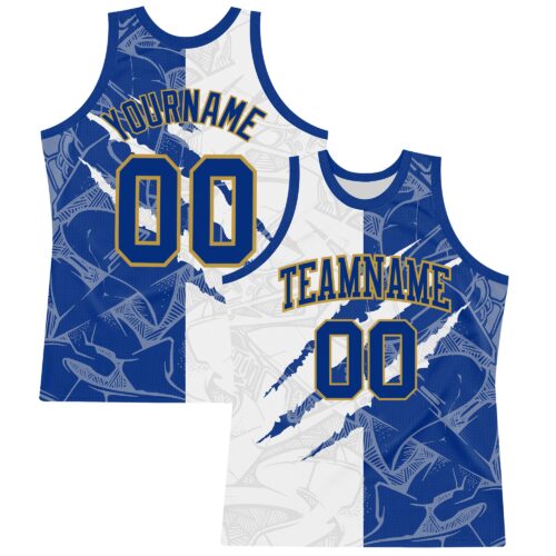 BSuit0281 Custom Graffiti Pattern Royal White-Old Gold Scratch Round Neck Sublimation Basketball Suit Jersey