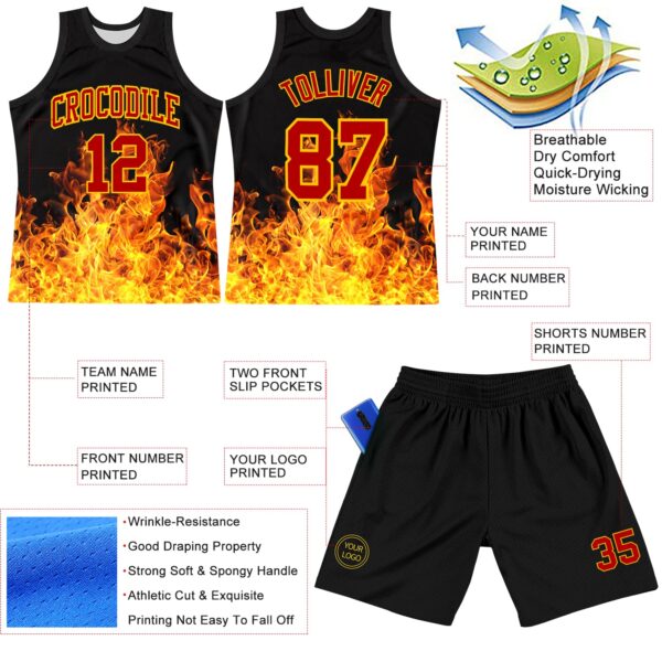 Custom Black Red-Yellow Flame Round Neck Sublimation Basketball Suit Jersey