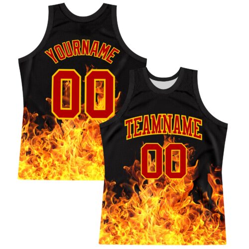 BSuit0283 Custom Black Red-Yellow Flame Round Neck Sublimation Basketball Suit Jersey