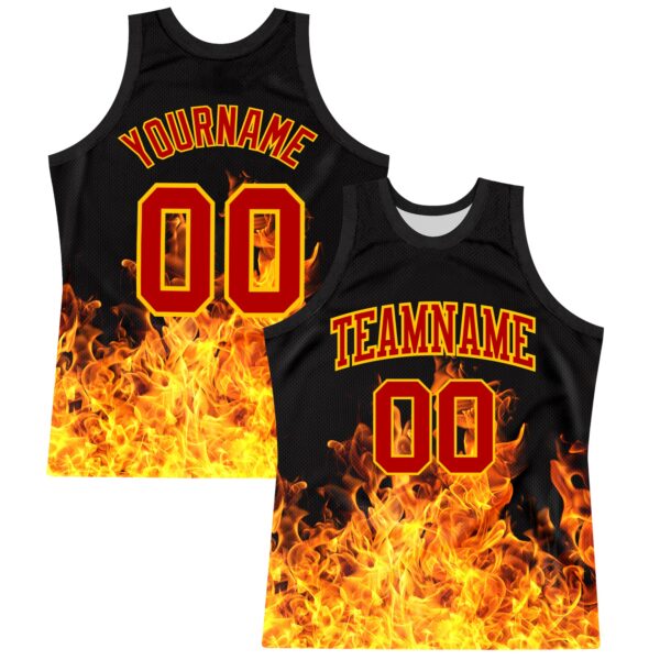 Custom Black Red-Yellow Flame Round Neck Sublimation Basketball Suit Jersey