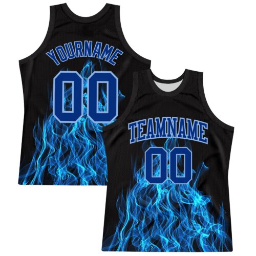 BSuit0284 Custom Black Royal-Light Blue Flame Round Neck Sublimation Basketball Suit Jersey