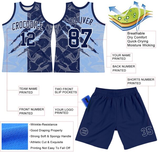 Custom Graffiti Pattern Navy Light Blue-White Scratch Round Neck Sublimation Basketball Suit Jersey