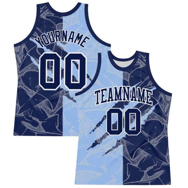 Custom Graffiti Pattern Navy Light Blue-White Scratch Round Neck Sublimation Basketball Suit Jersey