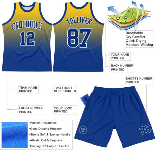 Custom Yellow Royal-White Fade Fashion Round Neck Sublimation Basketball Suit Jersey
