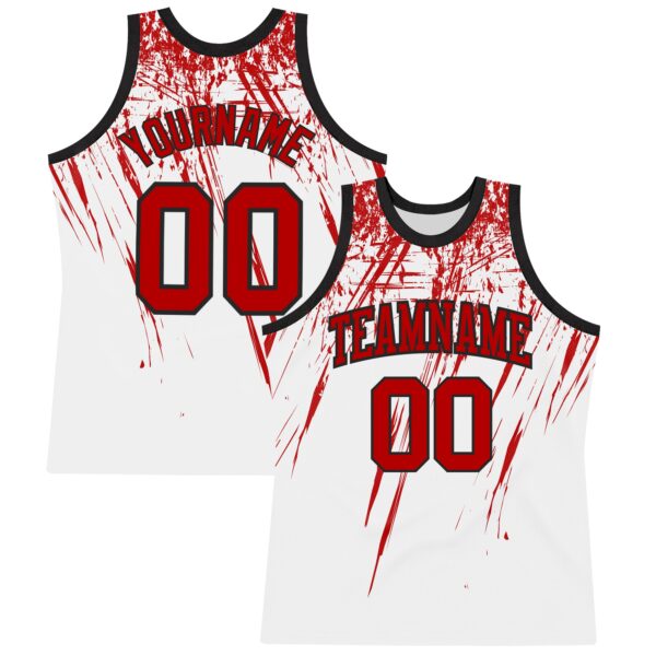 Custom White Red-Black Splash Round Neck Sublimation Basketball Suit Jersey
