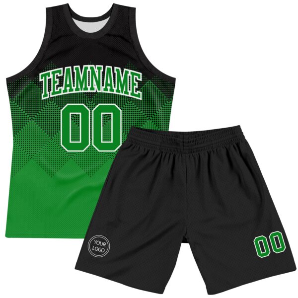 Custom Black Grass Green-White Gradient Square Shapes Round Neck Sublimation Basketball Suit Jersey