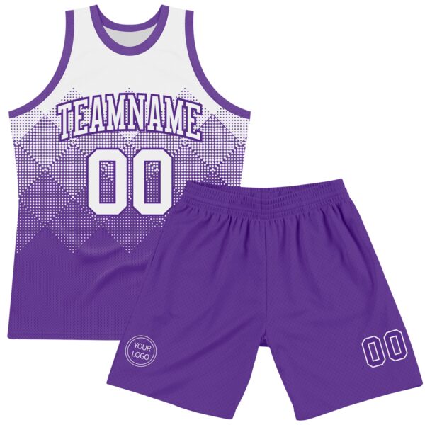 Custom White Purple Gradient Square Shapes Round Neck Sublimation Basketball Suit Jersey