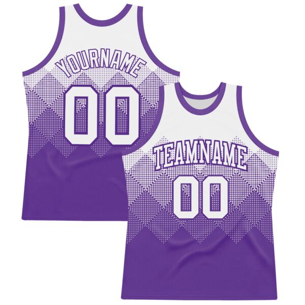 Custom White Purple Gradient Square Shapes Round Neck Sublimation Basketball Suit Jersey