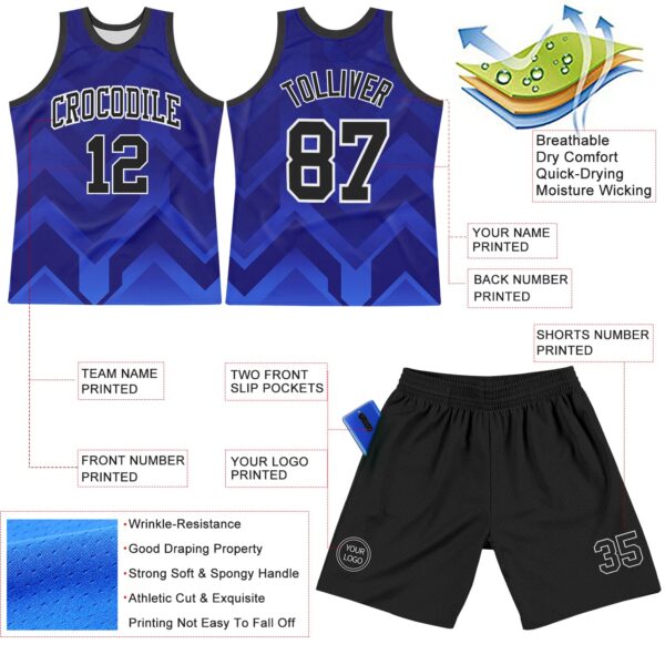 Custom Dark Purple Black Royal-White Geometric Shape Round Neck Sublimation Basketball Suit Jersey
