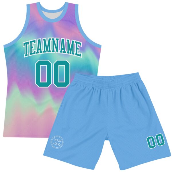 Custom Tie Dye Teal-White Round Neck Sublimation Basketball Suit Jersey