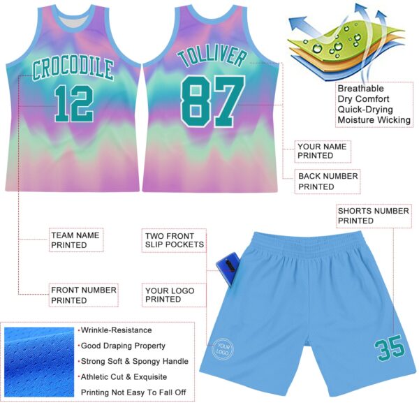 Custom Tie Dye Teal-White Round Neck Sublimation Basketball Suit Jersey