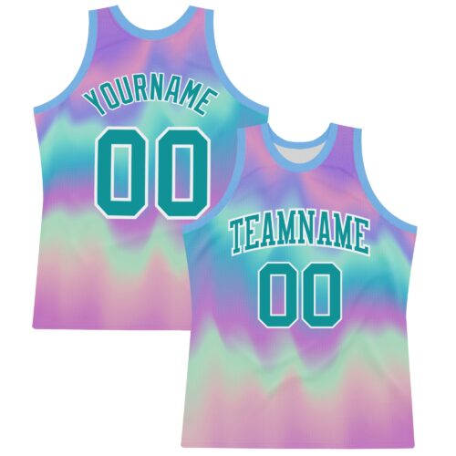 BSuit0294 Custom Tie Dye Teal-White Round Neck Sublimation Basketball Suit Jersey