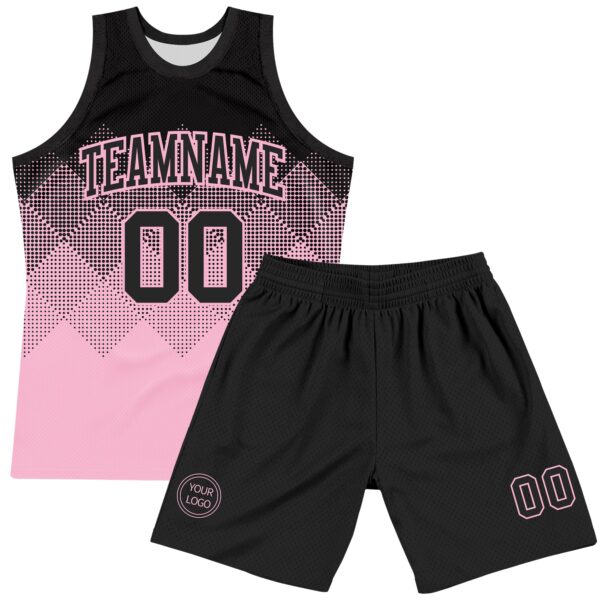 Custom Black Light Pink Gradient Square Shapes Round Neck Sublimation Basketball Suit Jersey