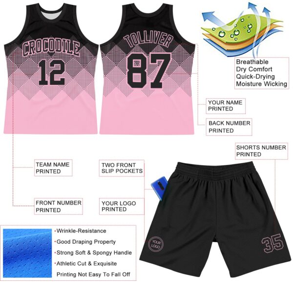 Custom Black Light Pink Gradient Square Shapes Round Neck Sublimation Basketball Suit Jersey