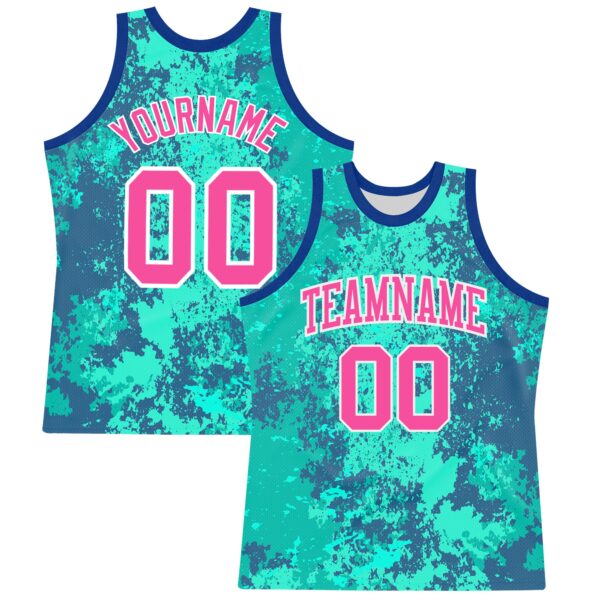 Custom Teal Pink Royal-White Splash Round Neck Sublimation Basketball Suit Jersey